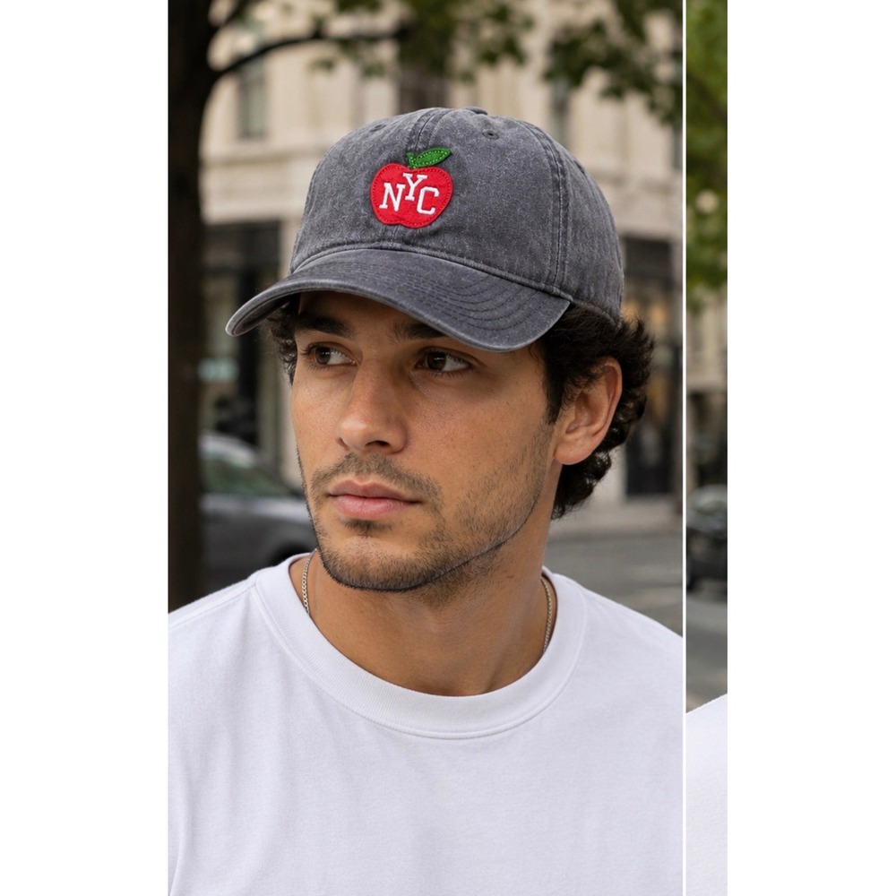 Mighty‎ Fine NYC Big Apple Embroidered Baseball Cap Hat Gray Washed Strapback